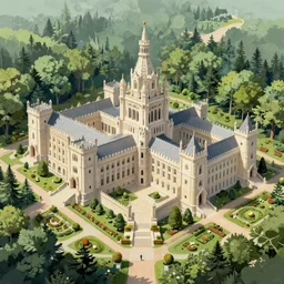 huge academic castle city in the forest behind a garden, concept art, digital painting, style of jordan grimmer, warm lighting, futuristic, volumetric lighting, view from below, vivid colours, bright, nighttime, moon rays , high detail