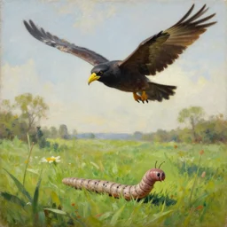 a worm in a grassy field with a gigantic bird flying overhead, oil painting.