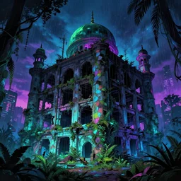 a beautiful very detailed anime illustration of unfinished building abandoned gurdwara nature urbex by banksy, uv light atlantis synthwave rainforest neon noir dramatic lighting myst at dusk at night bladerunner 2 0 4 9, archdaily, wallpaper, highly detailed, trending on artstation.