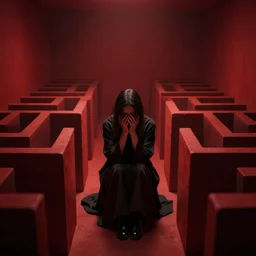 a dark mind in a nightmare is aware of betrayal sadness and despondency of a schizophrenic in a red hyper maze room