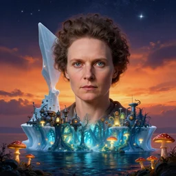 marie curie on icerberg, evening, burning skies, 4 k, ultra realistic, beautiful eyes, epic lighting, starry sky, magical, glowing forest, mushrooms, machines, high detail, masterpiece, trending on artstation by artgerm and akihito tsukushi and alphonse mucha
