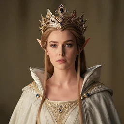 photo of a beautiful elven queen queen with ornate crown and cloak, telephoto lens, incredibly detailed, 8k, HDR, studio