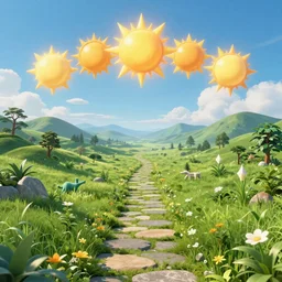 ten suns in the sky positioned in the sun path, a magical lush highland landscape in the background with mountains far away, hypermaximalistic, high details, cinematic, 8k resolution, beautiful detailed, insanely intricate details, artstation trending, octane render, unreal engine