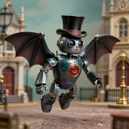 full - length portrait of a tin toy flying bat robot wearing a top hat, nicoletta ceccoli, mark ryden, lostfish, max fleischer, depth of field, detailed and intricate victorian london environment, 8 k resolution, hyperrealistic, octane render