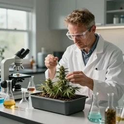 environment portrait of sensible australian hobby scientist conducting cannabis science experiment in controlled environment in kitchen, luxury beakers and expensive equipment, makes medicine from a small cannabis garden in a rectangular pot, caustics, glassware, natural sunlight, cinematic, octane render 8 k trending on artstation