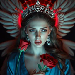 detailed upper portrait of lana del rey as a goddess with face in distress holding a red rose, wearing a blue robe, with a glass tiara with diamonds on her head, overly expressive, octane render, unreal engine, 3 d render, amazing, gorgeous, fantastic, marvellous
