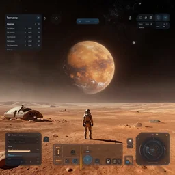 terraforming mars played by God!!, solar system view with ui, film still from the movie directed by Denis Villeneuve, wide lens