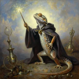 portrait oil painting, a beautiful young lizard, wearing a wizard cloak, holding a magic wand, casting a spell, ultra realistic, wide angle, intricate details, artifacts, luminous skies, highly detailed, michael cheval, peter mohrbacher, boris vallejo, jessica rossier, oil painting, highly detailed, cinematic lighting