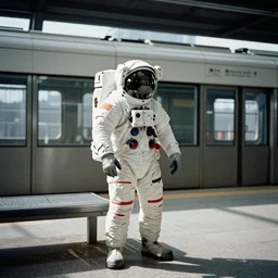 a beautiful photo of an astronaut waiting in a subway station, 1970', soft light, morning light, photorealistic, realistic, octane, 8k, cinematic shot