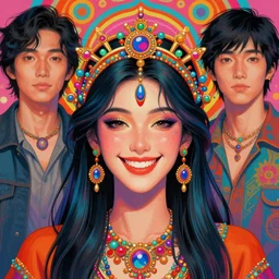 Psychedelic portrait of a smiling Goddess by Stanley Artgerm Lau, Ruan Jia and Fenghua Zhong
