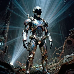 a survivor in a toxic environment wearing a complex and hyperdetailed technical suit. reflection and dispersion materials. rays and dispersion of light. volumetric light. f / 3 2. noise film photo. flash photography. ultra realistic, wide angle. anaglyph materials, poster by wayne barlowe, mike winkelmann, craig mullins