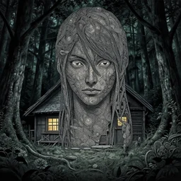 intricate detailed portrait of a character in front of a cabin in a dark mysterious forest by mark ryden, naoto hattori, giger