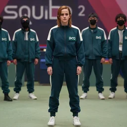 emma watson in squid game netflix tv show, full body shot, highly - detailed, sharp focus, award - winning