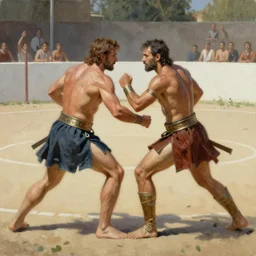 A closeup oil painting of a 1v1 gladiatorial arena match, by Greg Rutkowski, Frank Frazetta, Boris Vallejo, epic fantasy character art, Exquisite detail, post-processing, masterpiece, cinematic, Coliseum of Rome