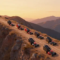 isometric scene of many lawnmowers on the side of a mountain at sunset