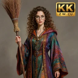 an anthropomorphic beautiful female wizard portrait holding a broomstick wearing colourful robe, round glasses, curly hair, fine art, award winning, intricate, elegant, sharp focus, octane render, hyperrealistic, cinematic lighting, highly detailed, digital painting, 8 k concept art, art by jamie hewlett and z. w. gu, masterpiece, trending on artstation, 8 k