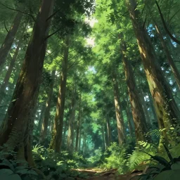 Anime illustration of a lush forest, tall trees reaching to the sky