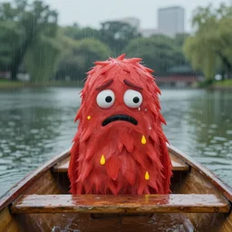 the pain is painted on the sad monster's face on a rainy day in a boat on a pond in a city park, hints of red and yellow, octane render