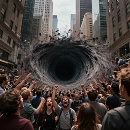 nyc getting sucked into a black hole, people screaming, highly detailed, trending on art station