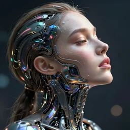 female face, cyberpunk cyborg, imitation of the kiss of victory, sci - fi, intricate abstract upper body intricate artwork, by tooth wu, wlop, beeple, dan mumford. concept art, octane render, deviantart, greg rutkowski, cinematic arthouse, key art, hyper realism, iridescent accents