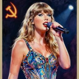 a detailed and complex, highly detailed, concept art, soviet propaganda poster depicting a portrait of taylor swift singing on stage. painting by irakli toidze