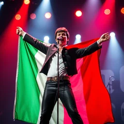 professional nature photography of freddie mercury shows proudly the italian flag on the stage, zoom out