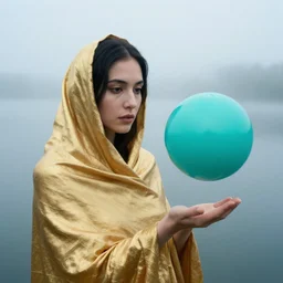 a color photograph, closeup portrait of a woman wrapped in gold, standing next to a levitating turquoise orb, in a foggy lake, color photograph, by vincent desiderio, canon eos c 3 0 0, ƒ 1. 8, 3 5 mm, 8 k, medium - format print