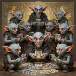 anthropomorphic highly detailed group portrait of cute mr bean grey goblins playing with mtg cards, intricate, elegant, highly detailed grey goblin, digital painting, artstation, concept art, smooth, sharp focus, illustration, art by artgerm, bob eggleton, michael whelan, stephen hickman, richard corben, wayne barlowe, trending on artstation and greg rutkowski and alphonse mucha, 8 k