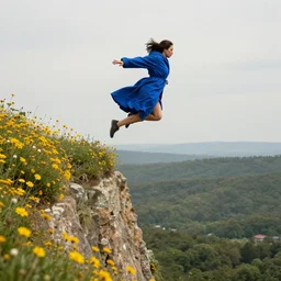 a woman in an indigo cloak, jumping off a flowered cliff, by mike davis