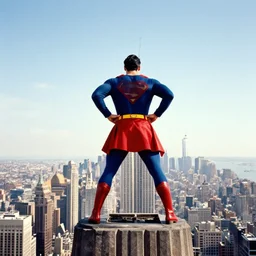 superman from back hands on waist standing on top of the empire state building strong stance photo by annie leibovitz
