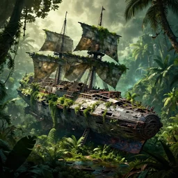 massive spacship wreck partly overgrown crashed on jungle clearing, dramatic lighting, cinematic, establishing shot, extremly high detail, foto realistic, pirates of the carribean, cinematic lighting, post processed, concept art, artstation, matte painting, style by eddie mendoza, raphael lacoste, alex ross