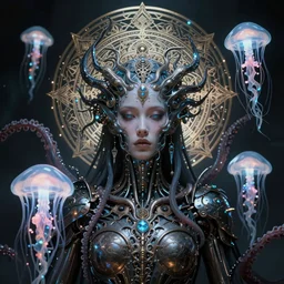 queen of death. intricate portrait, occult cyberpunk, ancient futuristic, dark art, occult. intricate biomechanical, bioluminescent halo around head, mandala ornament, cybernetic glowing jellyfish, tentacles, by Petros Afshar, by artgerm, by Eddie Mendoza, by Peter mohrbacher by tooth wu, unreal engine, octane render, cinematic light, high details, iridescent colors
