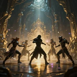 almost silhouette of 5 fantasy league of legends characters fight with magic in big cave, action scene, lumen reflections, sharpened, insanely detailed and intricate, hypermaximalist, elegant, ornate, hyper realistic, super detailed, digital art, bokeh blur