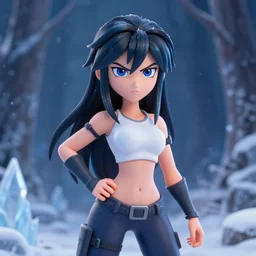 portrait focus of angry beautiful 3 d anime girl posing, frozen ice dark forest background, snowing, bokeh, inspired by masami kurumada, octane render, volumetric lighting