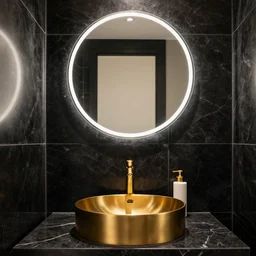 bathroom, black marble tiles, gold plated basin and faucet, round backlit mirror