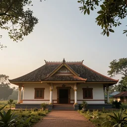 a beautiful small assam type house at sunrise, guwahati, concept art, octane render, unreal engine 5, trending on artstation, high quality, 8 k, soft lighting, path traced, hyperrealistic, highly detailed, digital art, symmetrical, cinematic, high coherence, godrays