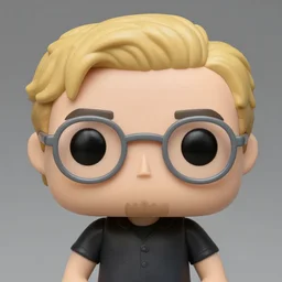 a funko pop of german young man with blondish hair, short goatee and round light grey glasses