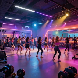 unreal engine hyperreallistic render 8k of a large dance party at a gym bright vibrant lights gym equipment weights scattered around the floor