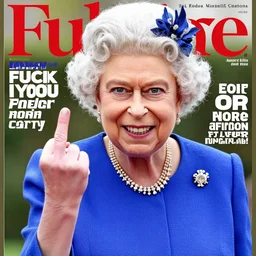 the queen of england grinning rudely and saying fuck you raising middle finger in a magazine cover photo. highly detailed hands