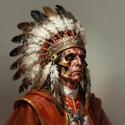 portrait of bloody Pope wearing a Native American Indian feathered war bonnet, dead redemption, by James Gilleard and Ted Nasmith, digital art, D&D concept art, 8K