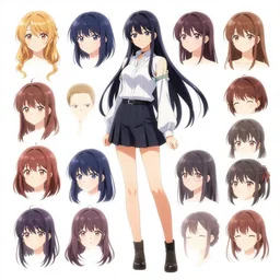 character sheet of female anime hairstyles, concept art by makoto aida, artstation, official art, full body, concept art