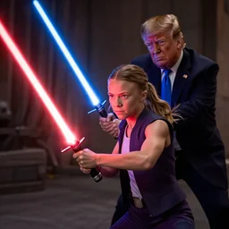 Greta Thunberg fighting Donald Trump with lightsabers in Star Wars