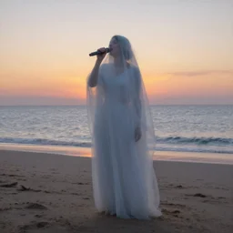 ghostly woman singing on the beach, overlooking the sea during sunset, by john singer sargent
