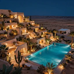 terraced architecture cyberfunk hotel in the dessert, many plants and infinite pool, night view, cinematic
