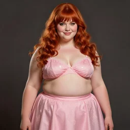 full body portrait of teenage cheryl blossom, obese, bangs, sultry, realistic, red hair, sultry smirk, wavy hair, pink skirt, fat, belly, intricate, elegant, glowing lights, highly detailed, digital painting, artstation, concept art, smooth, sharp focus, illustration, art by wlop, mars ravelo and greg rutkowski