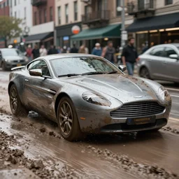 street photography by saul leiter, in a muddy new york high quality street, award winning photo of an ultra detailed dirty high quality aston martin 1 9 8 5 vantage volante xpac speeding very fast on mud, fast shutter speed, motion blur, tiny gaussian blur, highly detailed, highly intricate, depth of field, trending on top gear