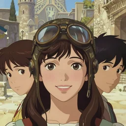 a film still of a happy 1 9 4 0's aviator girl, finely detailed features, closeup at the faces, perfect art, at an ancient city, gapmoe yandere grimdark, trending on pixiv fanbox, painted by greg rutkowski makoto shinkai takashi takeuchi greg rutkowski, alphonse mucha