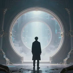 back view of < < < a lone man > > > standing in front of an interdimensional warp gate, a magical round gate, dreamy, ethereal, concept art by greg rutkowski and dan mumford, highly detailed, trending on artstationhq