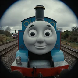 creepy found footage of Thomas the tank engine, super close-up zoom fish eye staring at you terrifying