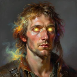 a baroque neoclassicist close - up portrait of solarpunk farmer, glowing eyes. reflective detailed textures. glowing colorful fog, dark grey background. highly detailed fantasy science fiction painting by moebius, norman rockwell, frank frazetta, and syd mead. rich colors, high contrast. artstation